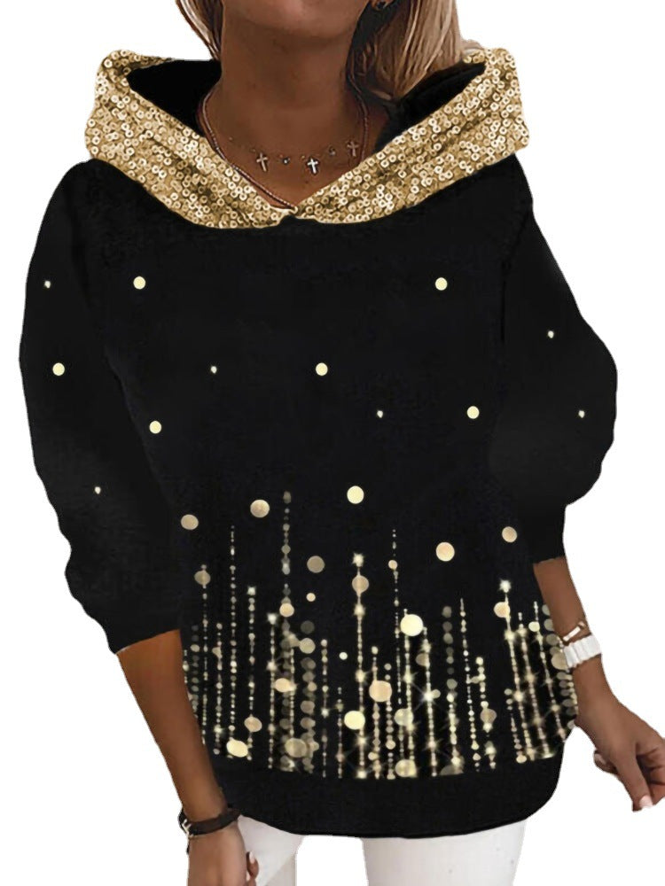 Damen Halloween Kapuzenpullover mit Kürbis- und Katzenprint, Paillettenbesatz und Oversize-Schnitt EB