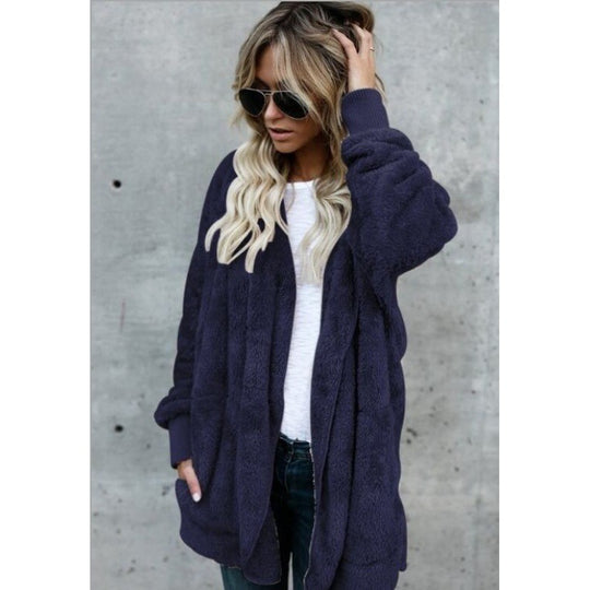 Damen Oversize Teddy‑Fleece‑Mantel mit offener Front, Eingrifftaschen und Rippbündchen EB