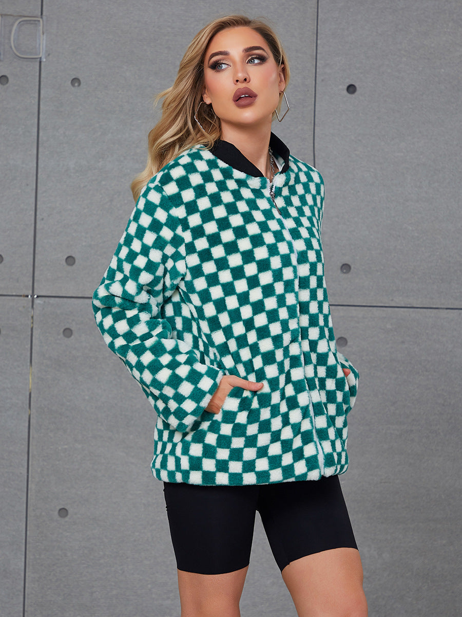 Damen Modische Kunstpelzjacke mit Karomuster und hohem Kragen EB