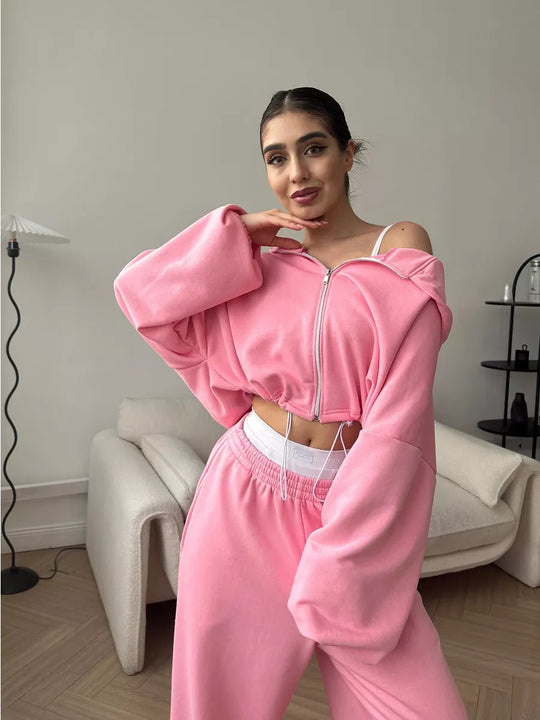 Damen kurzes Kapuzenzipper-Lounge-Set mit oversized Ärmeln und weitem Jogginghose-Schnitt EB