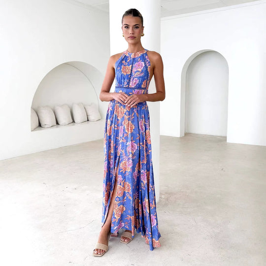 Damen Maxikleid mit elegantem floralem Design und schwingendem Rock EB