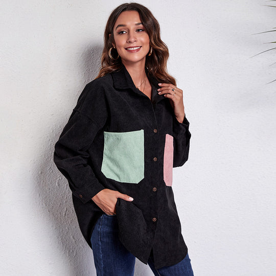Damen Oversized Cordjacke mit bunten Taschen EB
