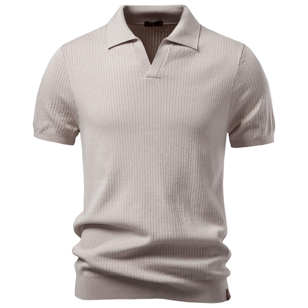 Herren nan fein geripptes Kurzarm-Poloshirt mit offenem Kentkragen EB