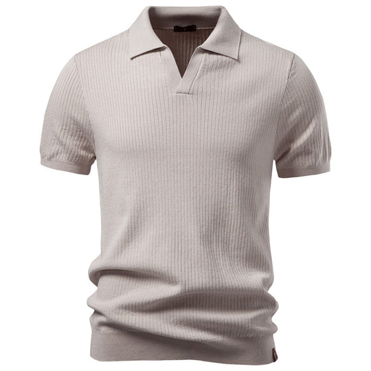 Herren nan fein geripptes Kurzarm-Poloshirt mit offenem Kentkragen EB