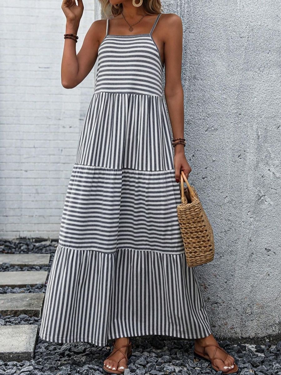 Damen Maxikleid mit schmalen Trägern und gestreiftem Design EB