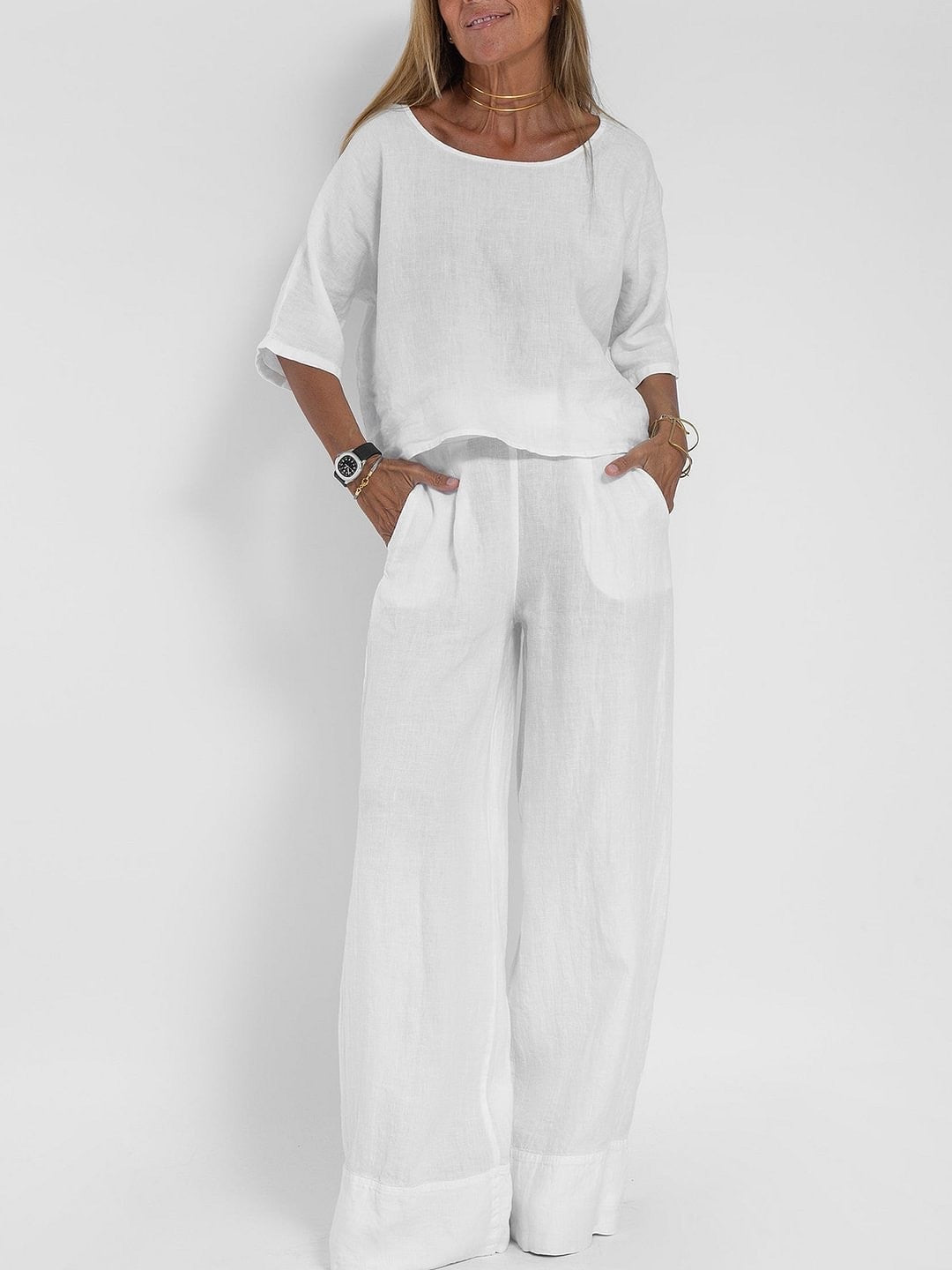 Damen lässiges Leinen-Set mit weitem Oberteil und palazzo Hosen EB