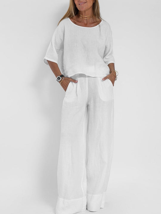 Damen lässiges Leinen-Set mit weitem Oberteil und palazzo Hosen EB
