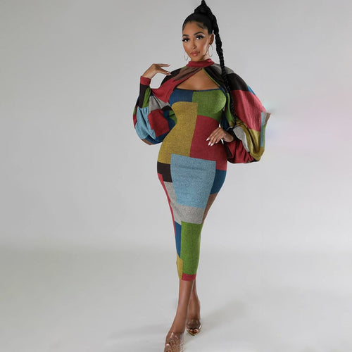 Damen Langarm-Kleid mit geometrischem Schnitt und voluminösen Ärmeln EB