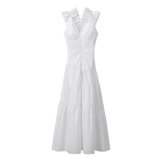Damen Maxikleid mit schwingendem Rüschendesign und elegantem V-Ausschnitt EB