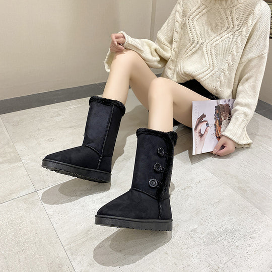 Damen modische Kurzstiefel mit wohligem Kunstfell und stilvollen Knopf-Details EB