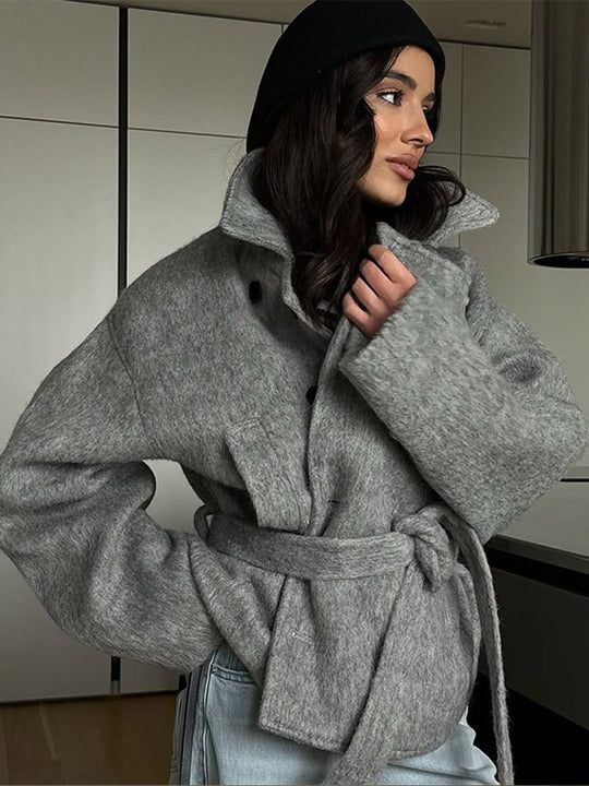 Damen Oversized Wolljacke mit Bindegürtel und lässigem Schnitt EB
