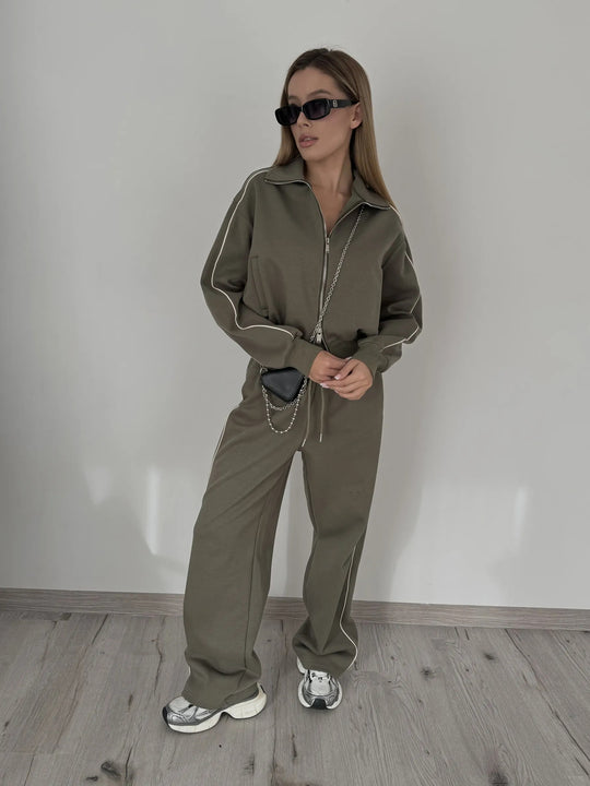 Damen Weiches Baumwoll-Mix Jogging-Set mit Stehkragen, Tunnelzugtaillen und seitlichen Kontraststreifen EB