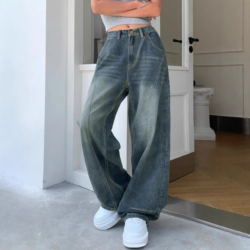 Damen Weite High-Waist Jeans mit markanten Steppnähten und weitem Schnitt EB
