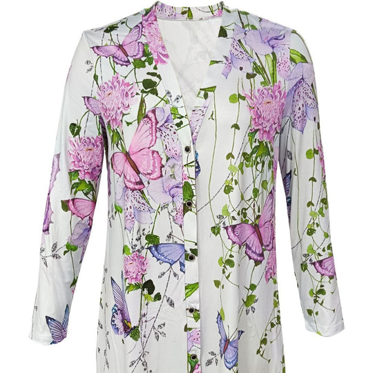 Damen Longblusenkleid mit floralen Akzenten und Knopfdetails EB