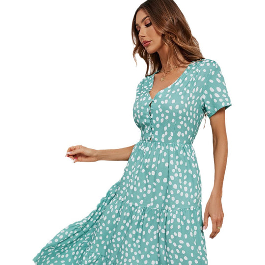 Damen Midi-Kleid mit knopflosem V-Ausschnitt und voluminösem Rock EB
