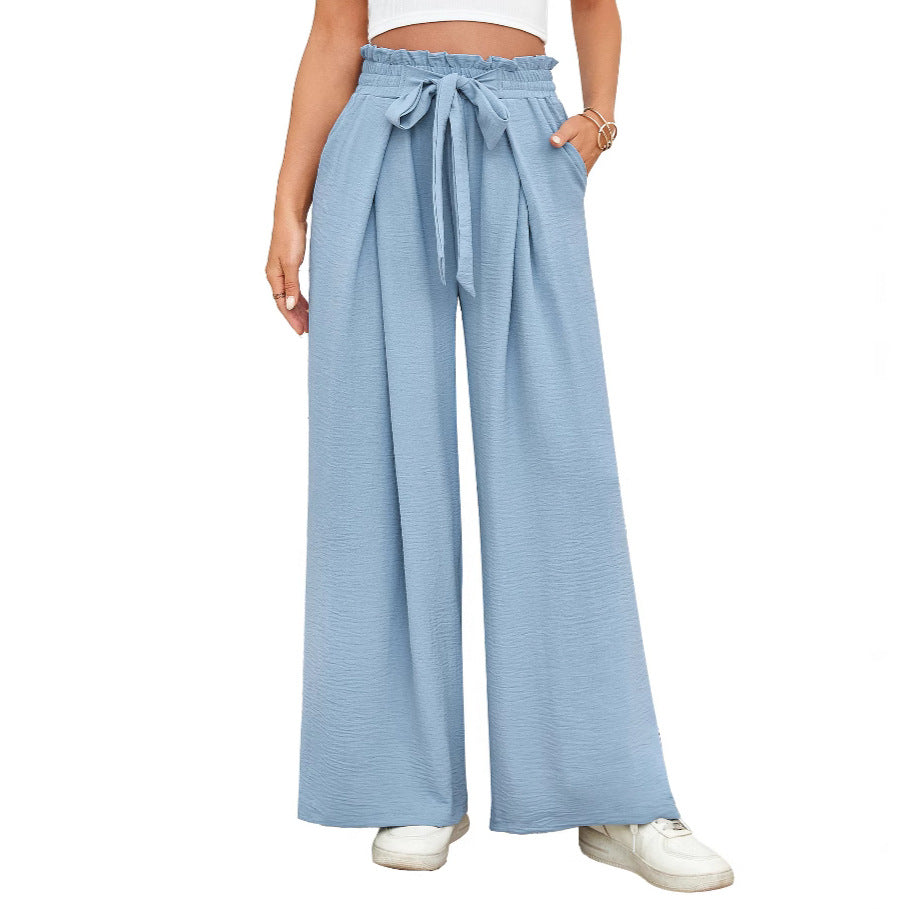 Damen weite Hochbundhose mit Taillengürtel und fließendem Stoff EB
