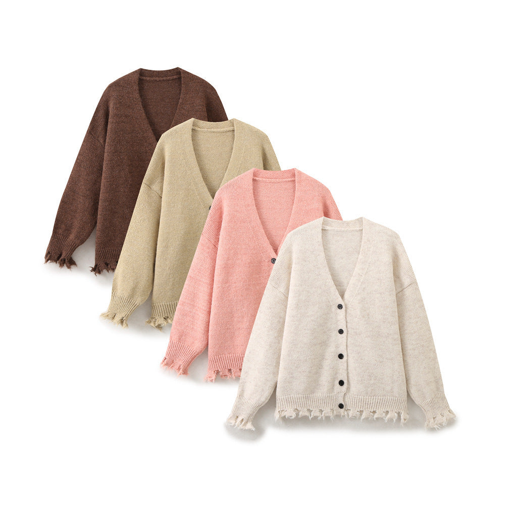 Damen lässige Strickjacke mit fransigem Saum und knöpfbarem Verschluss EB