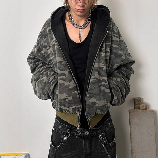 Damen Oversized Camouflage-Jacke mit Kapuze und Reißverschluss EB
