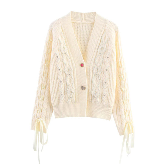 Damen elegante Strickjacke mit dekorativen Knöpfen und Rüschendetails EB