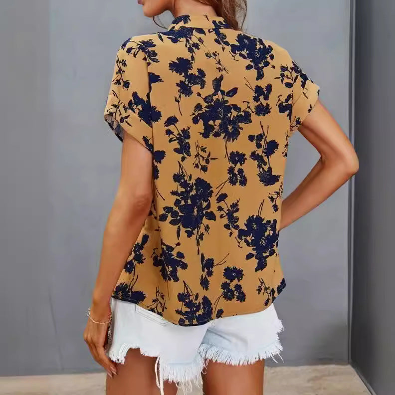 Damen lässige Bluse mit floralem Muster und kurzer Knopfleiste EB