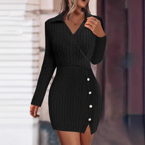 Damen Strickkleid mit V-Ausschnitt und Knopfdetails EB