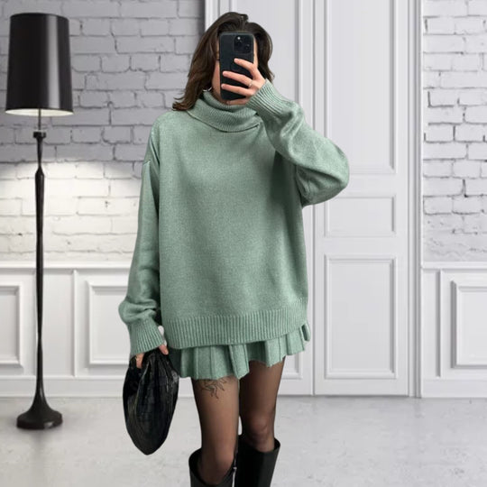 Damen Oversized Strickpullover mit hochwertiger Rippstruktur und passendem Minirock EB