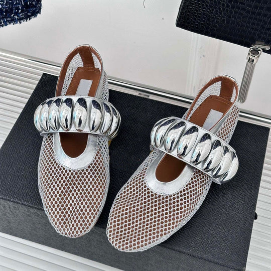 Damen Ballerinas mit glitzerndem Riemen und luftiger Netzoberfläche EB