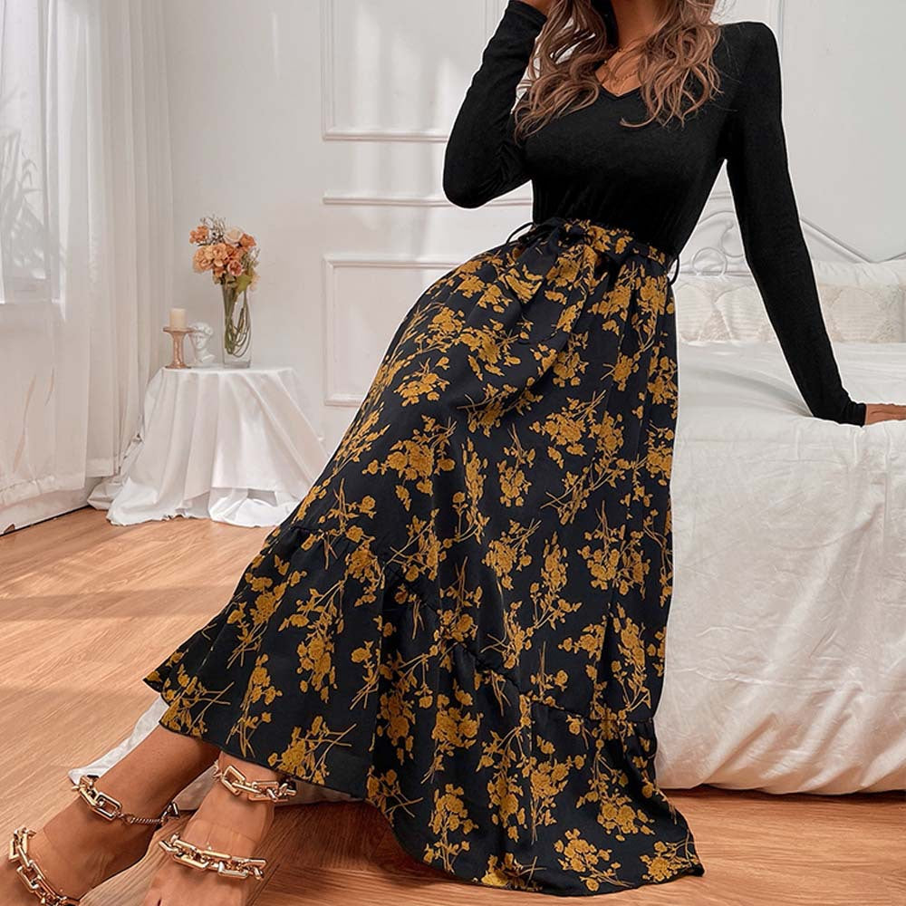 Damen figurbetontes V-Neck-Longsleeve Oberteil mit voluminösem Midi-Rock im floralem Wickelstil Eichborn Berlin