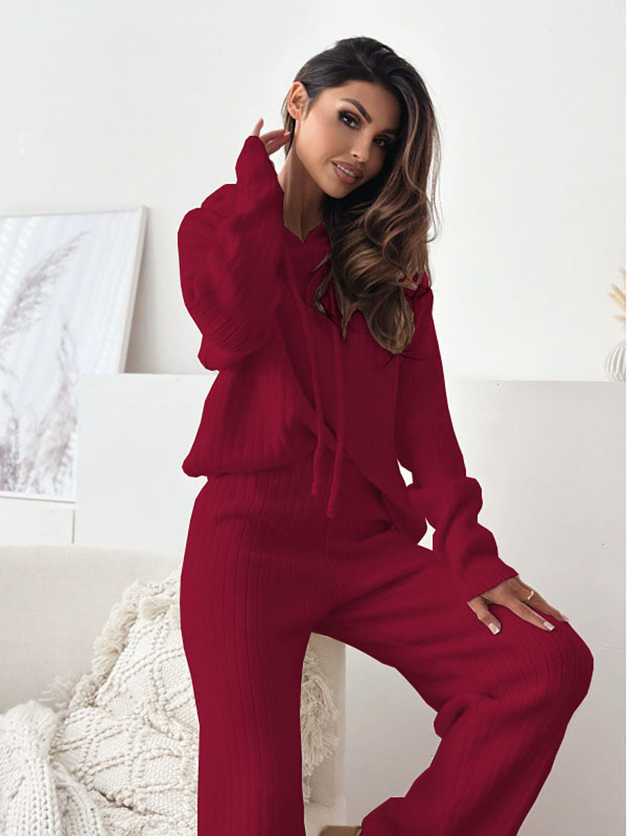 Damen Strick Lounge-Set mit Kapuze und weitem Beinschnitt EB