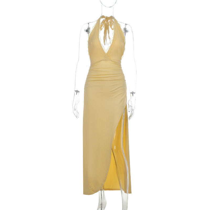 Damen Elegantes Sommermaxikleid mit Halterneck und seitlichem Schlitz EB