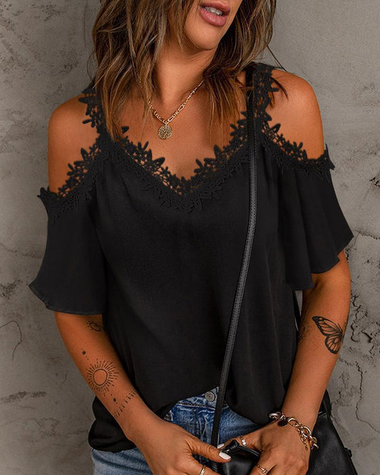 Damen Bluse mit Spitzendetails und schulterfreiem Design EB