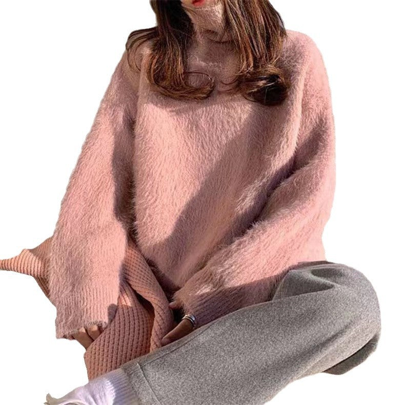 Damen Flauschiger Pullover mit Lockere Passform und Hohem Kragen EB