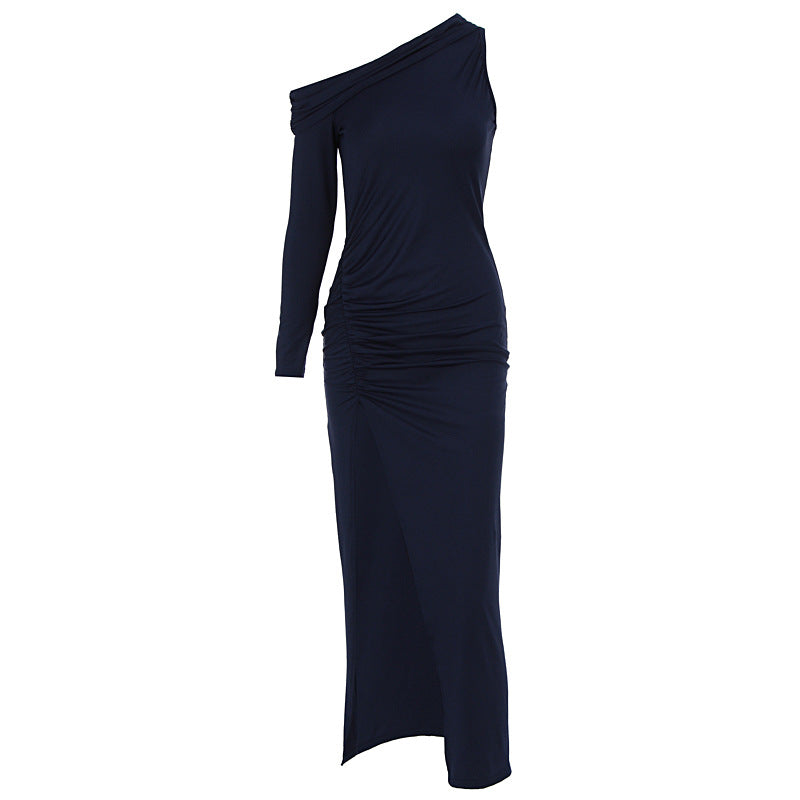 Damen figurbetontes Maxikleid mit asymmetrischem Ausschnitt und eleganten Rüschendetails EB