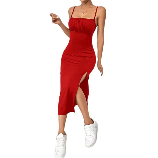 Damen elegantes Midikleid mit schmalem Schnitt und Schlitz EB