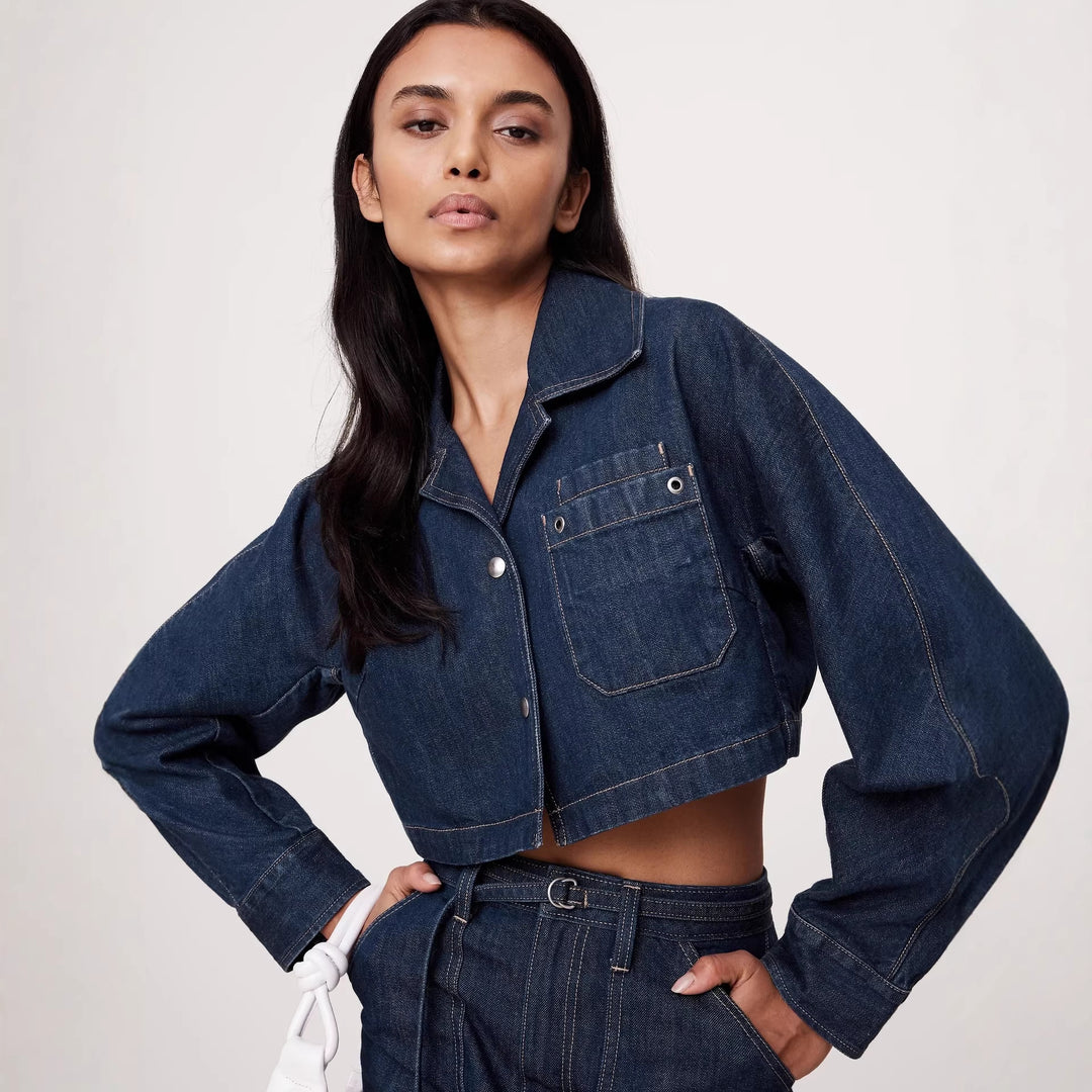 Damen nan Cropped-Denim-Zweiteiler mit kurzer Jeansjacke und tailliertem Minirock EB