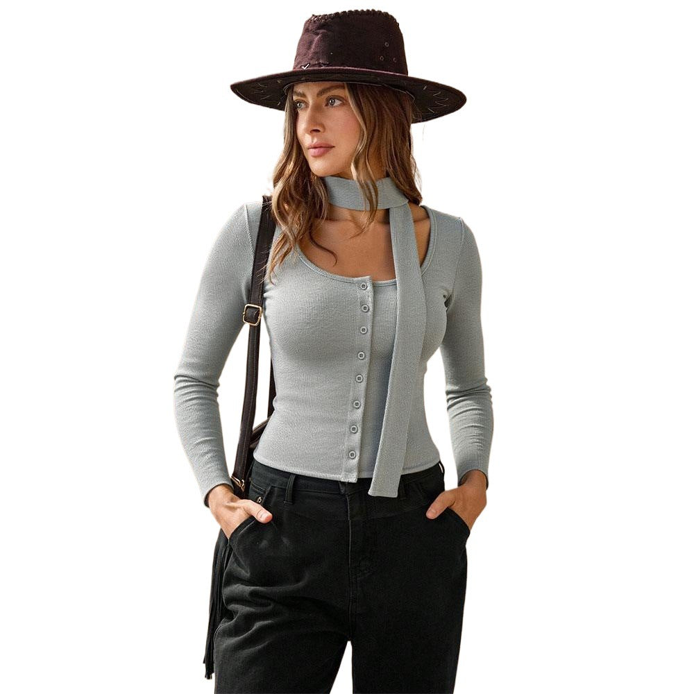 Damen geripptes Langarm-Cardigan-Top mit Knopfleiste, integrierter Schlauchschal und figurbetonter Passform Eichborn Berlin
