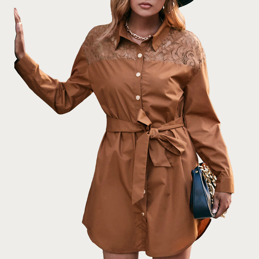 Damen Hemdblusenkleid mit Spitzenbesatz und taillierbarem Gürtel EB