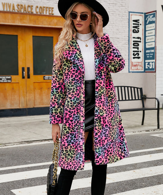 Damen Luxuriöser Kunstfellmantel mit Leopard-Design EB