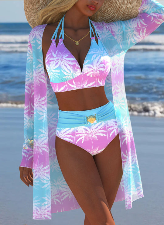 Damen Bikini-Set mit kreativem geometrischen Design und hohem Bund EB