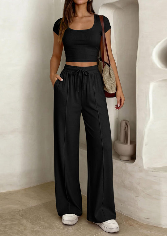 Damen lässiges Cropped-Top und weite Hose Set EB