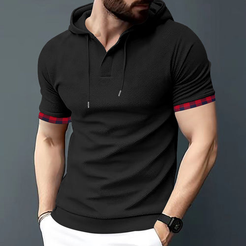 Herren nan figurbetontes Kurzarm-Kapuzenpoloshirt mit Henley-Blende und Kordelzug EB