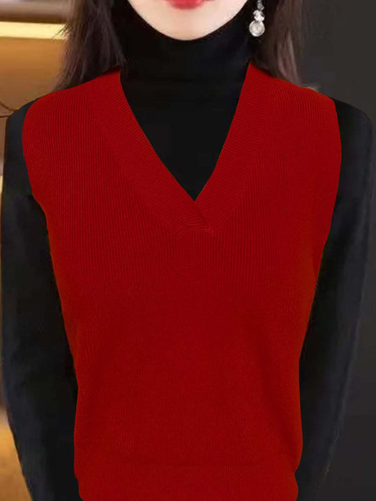 Damen elegantes V-Ausschnitt Strickoberteil EB