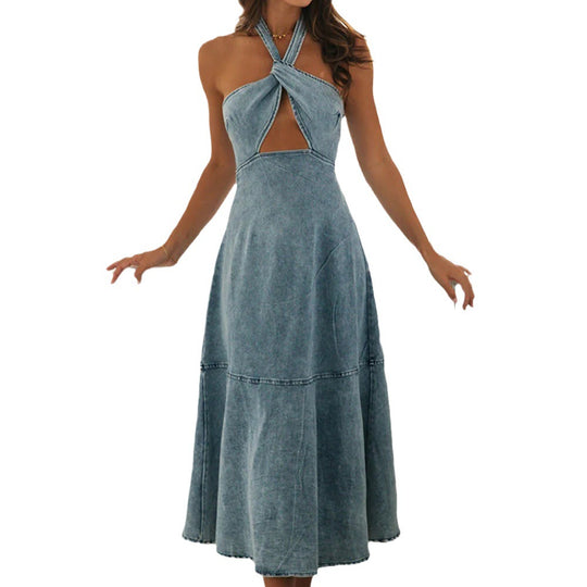 Damen lässiges Denim Maxikleid mit verspieltem Ausschnitt und Schnittdetails EB