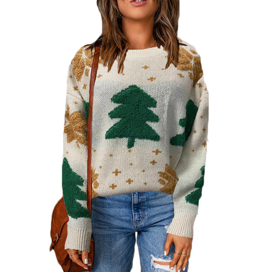 Damen Grobstrickpullover mit winterlichem Tannenbaum-Motiv und lässigem Schnitt EB