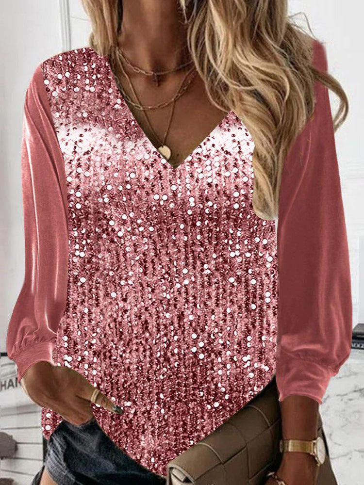 Damen Glitzernde Pailletten V-Ausschnitt Bluse mit Satinärmeln EB