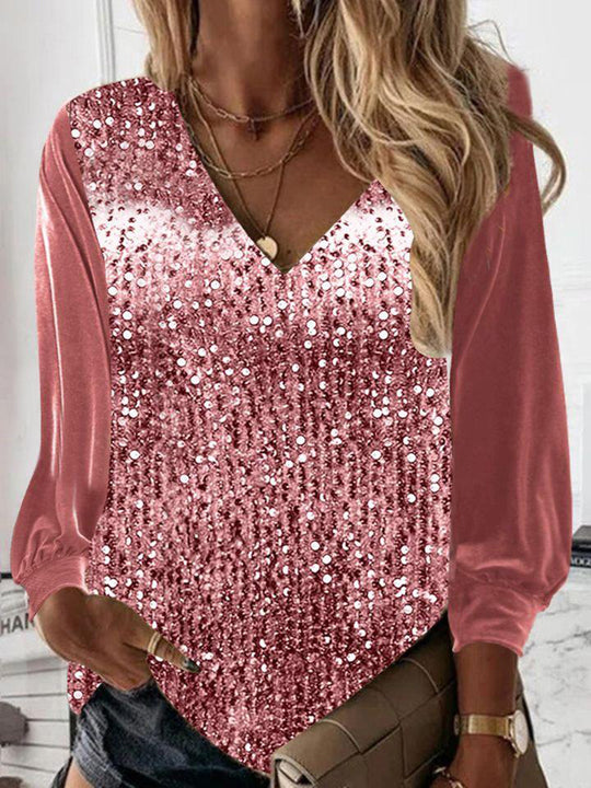 Damen Glitzernde Pailletten V-Ausschnitt Bluse mit Satinärmeln EB