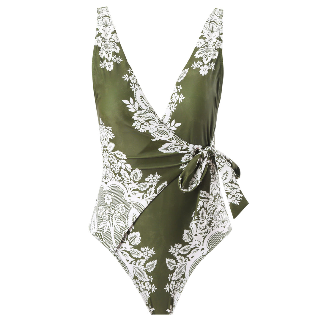 Damen Badeanzug mit modischem Wickelrock und floralem Design EB