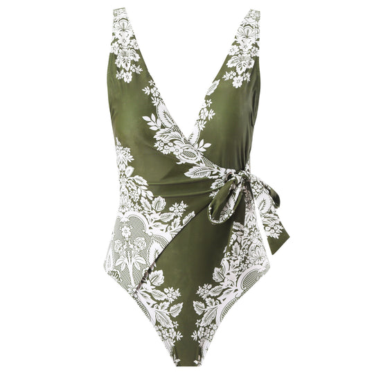 Damen Badeanzug mit modischem Wickelrock und floralem Design EB