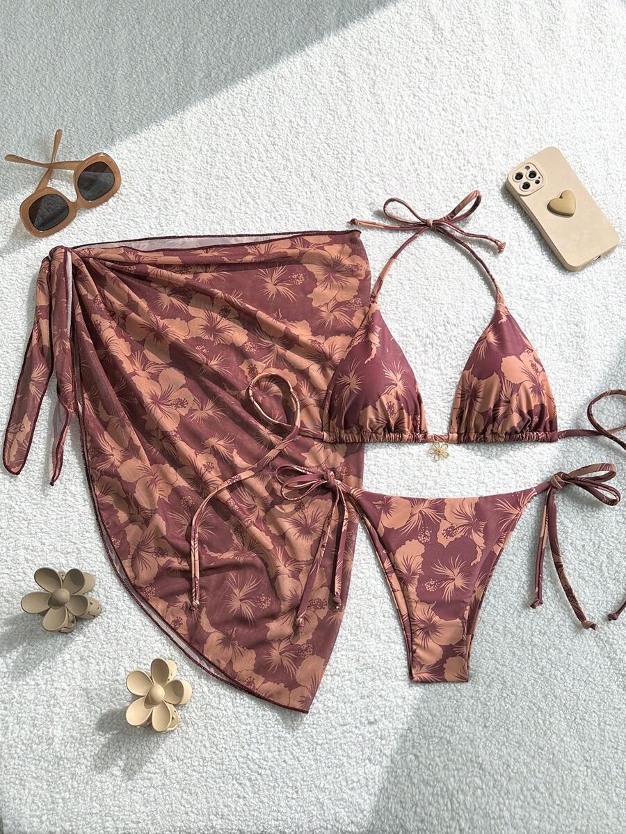 Damen Triangel-Bikini-Set mit verstellbaren Trägern und Wickeltuch EB