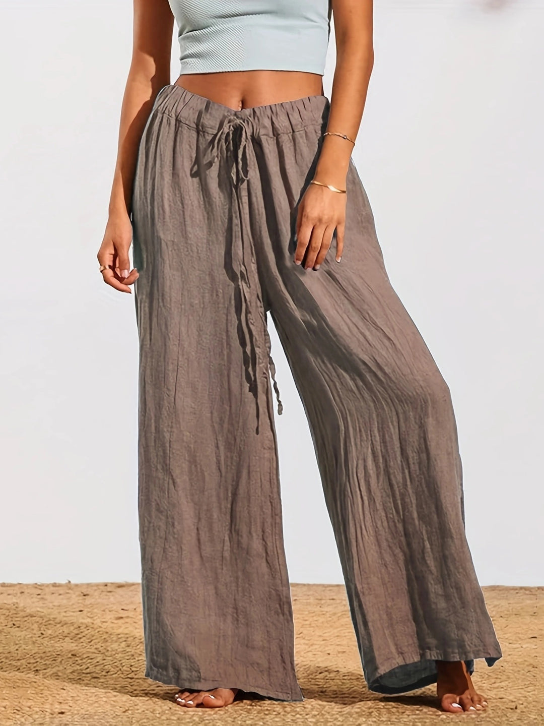Damen Weite Sommertuchhose mit elastischem Bund und Bindegürtel EB